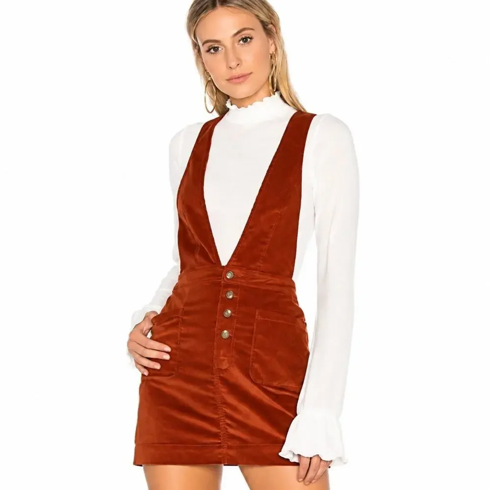 Free People Old School Love Corduroy Pinafore Mini Dress Plunge Sleeveless